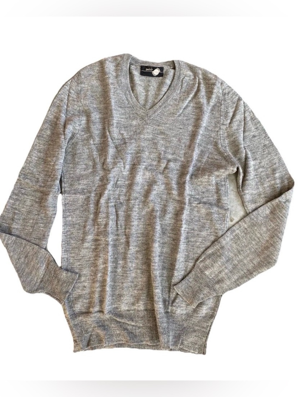 Mens Perini Sweater Cashmere Grey Thin Knit V-Neck Large